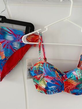 Sunsets Tropical Underwire Bikini Set Blue Red Palm 34DD Top XL Bottom NEW